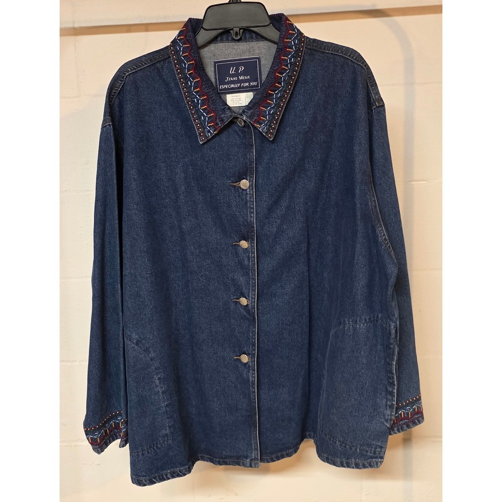 Vintage U.P. Jeans Wear Relaxed Fit Embroidered Denim Jacket Blue Plus 24/26